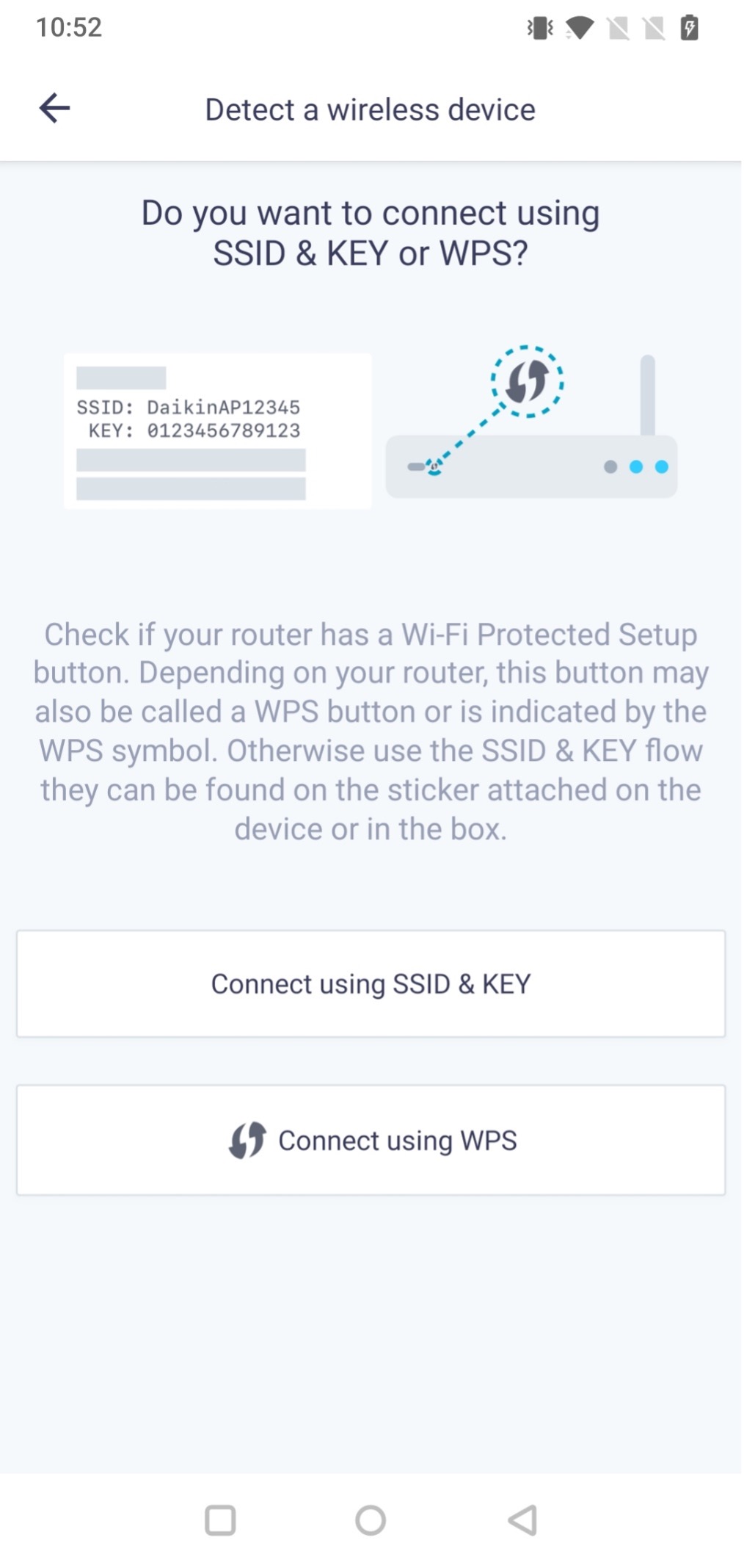 ONECTA SSID und SCHLÜSSEL oder WPS